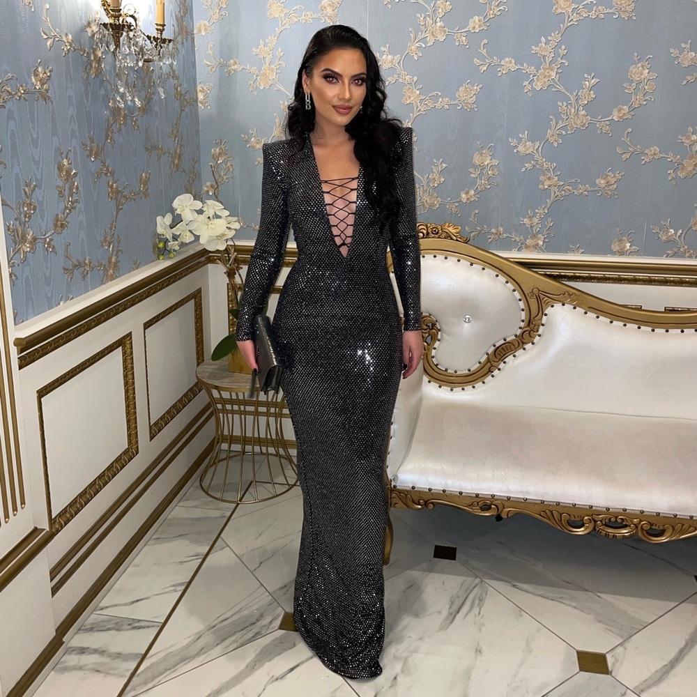 Black Sequin Lace-Up Deep V Long Sleeve Lia Stublla Evening Dress